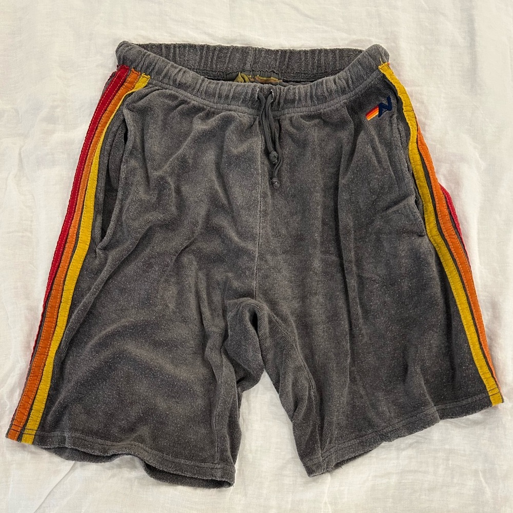 Aviator Nation Charcoal Gray Terry Lounge Shorts with Stripes